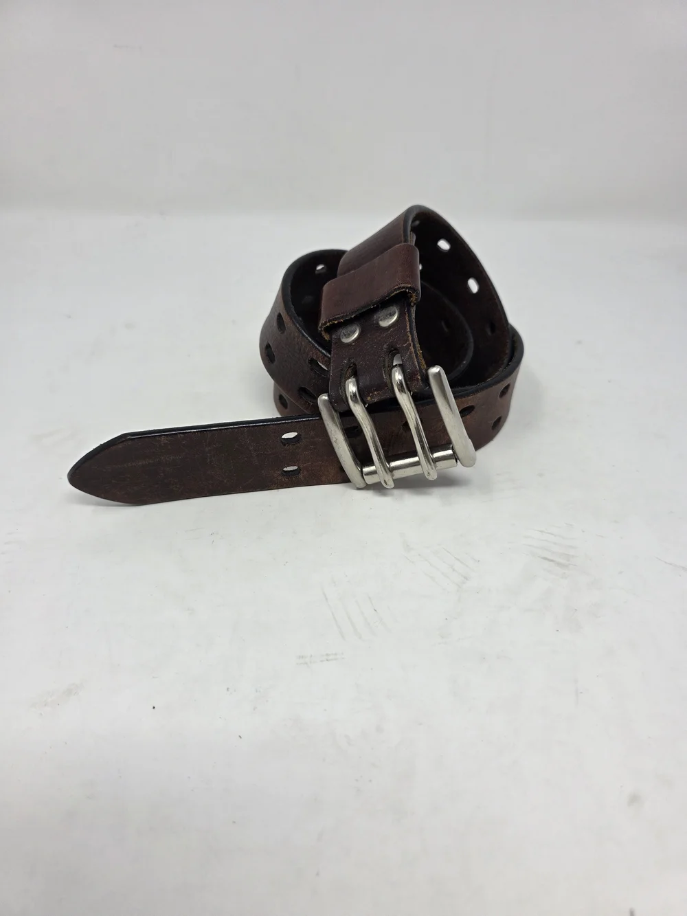 Mens Leather Belt Double Prong Buckle Distressed Brown Utility Fits 38